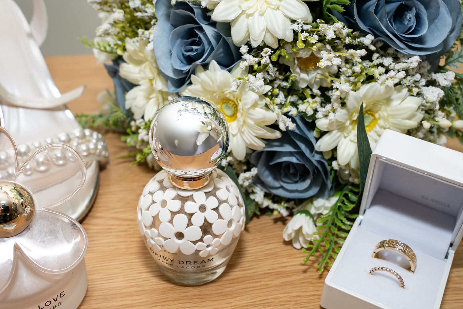 bridal lay flats perfume and bouquet