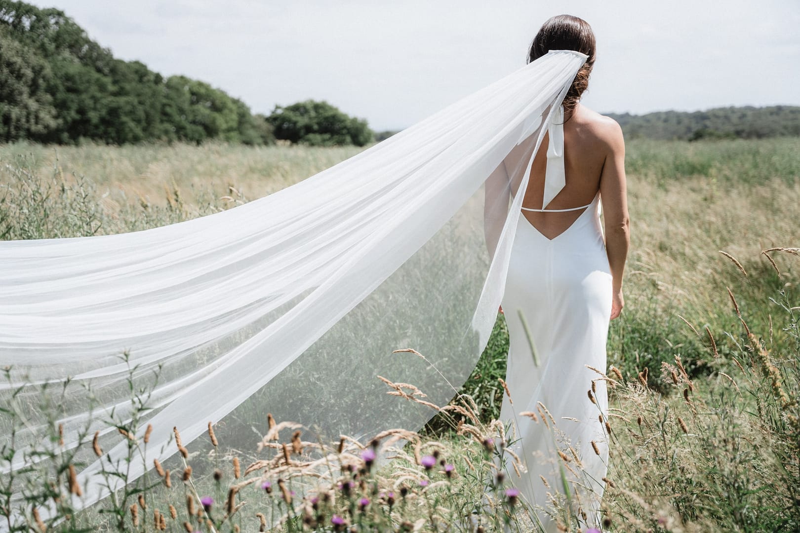 bride with long veil in field
