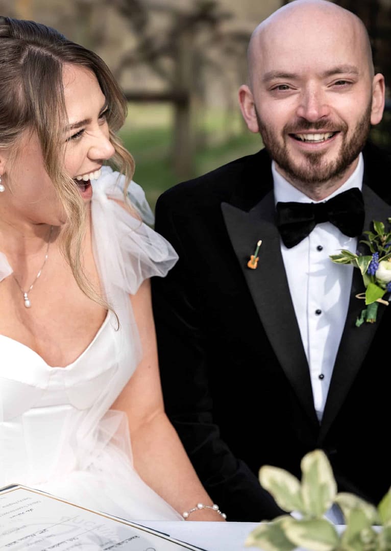 Elegant couple at a wedding ceremony.